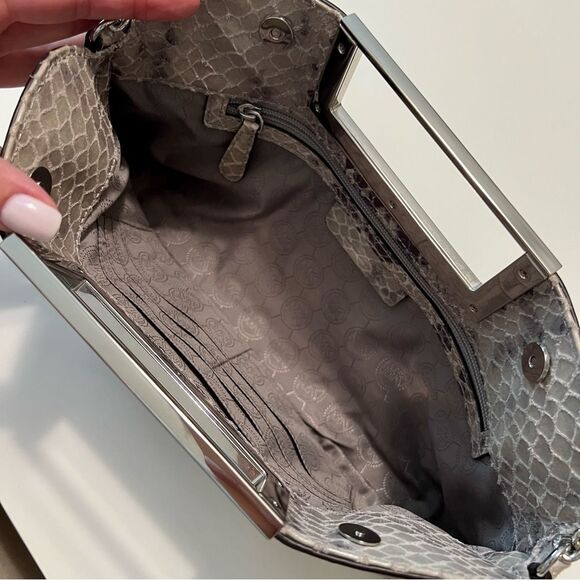 MICHAEL KORS Snakeskin Leather Clutch Chain Shoulder Bag Gray Silver - Picture 6 of 14